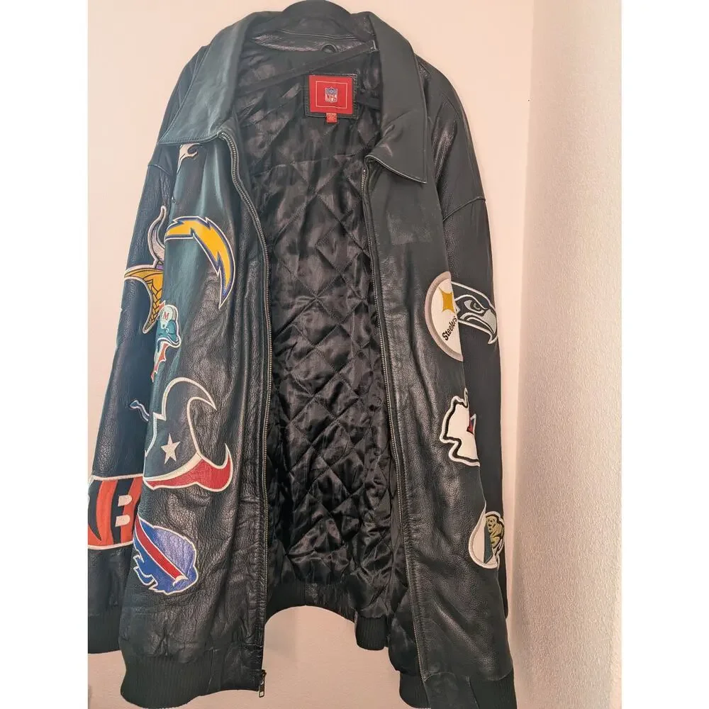 Jeff Hamilton NFL Patch Leather Bomber Jacket 6XL Rare Collector's Sports Moto - Picture 4 of 5